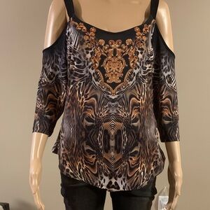 VENUS Black and Brown Patterned Cold Shoulder Blouse Women's Size Small